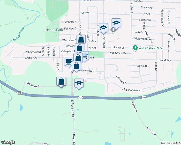 map of restaurants, bars, coffee shops, grocery stores, and more near 1345 Meadowview Drive in Marion