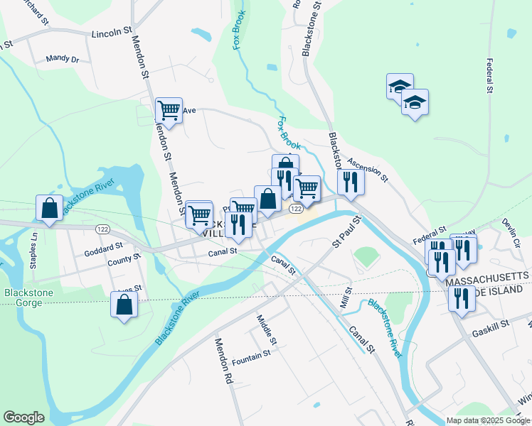 map of restaurants, bars, coffee shops, grocery stores, and more near 4 1st Avenue in Blackstone