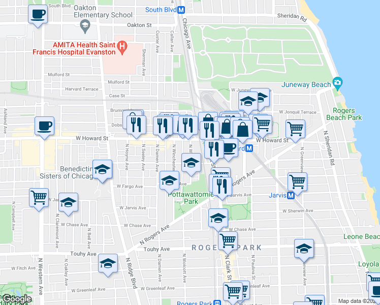 map of restaurants, bars, coffee shops, grocery stores, and more near 1902 West Birchwood Avenue in Chicago