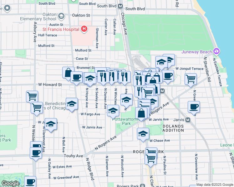 map of restaurants, bars, coffee shops, grocery stores, and more near 1948 West Birchwood Avenue in Chicago