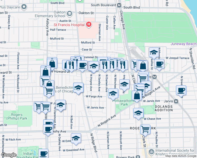 map of restaurants, bars, coffee shops, grocery stores, and more near 2050 West Birchwood Avenue in Chicago