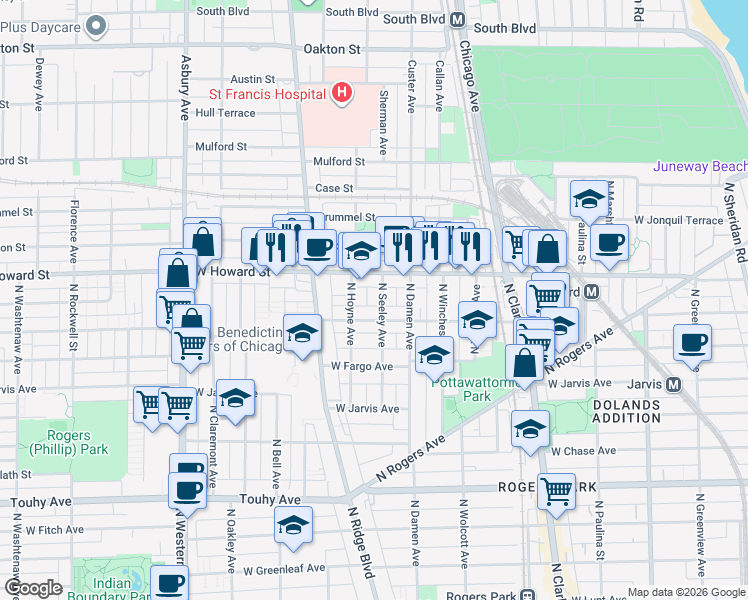 map of restaurants, bars, coffee shops, grocery stores, and more near 2050 West Birchwood Avenue in Chicago