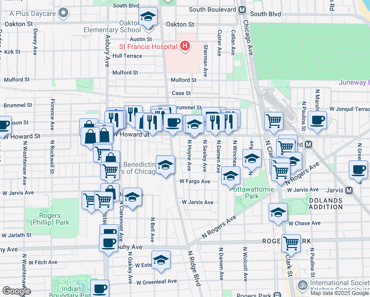 map of restaurants, bars, coffee shops, grocery stores, and more near 7501 North Ridge Boulevard in Chicago