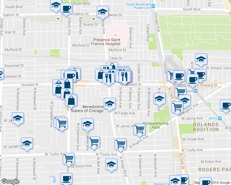 map of restaurants, bars, coffee shops, grocery stores, and more near 7501 North Ridge Boulevard in Chicago