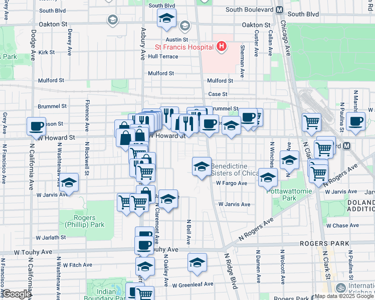 map of restaurants, bars, coffee shops, grocery stores, and more near 7514 North Bell Avenue in Chicago