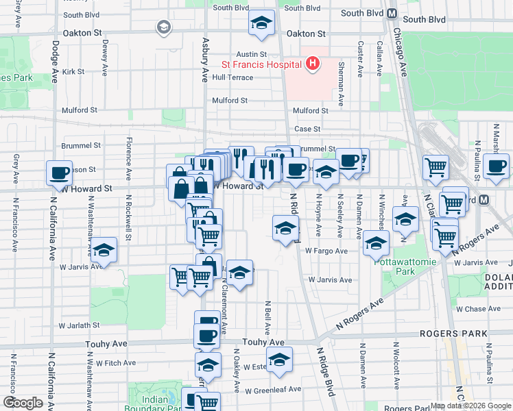 map of restaurants, bars, coffee shops, grocery stores, and more near 7514 North Bell Avenue in Chicago