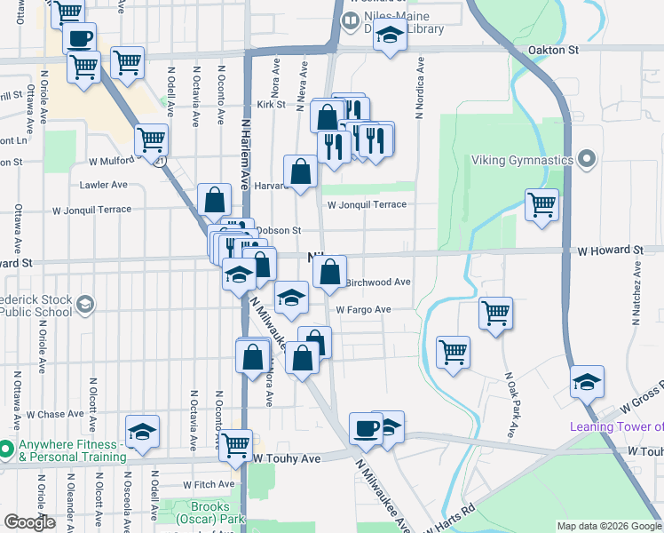 map of restaurants, bars, coffee shops, grocery stores, and more near 7539 North Waukegan Road in Niles