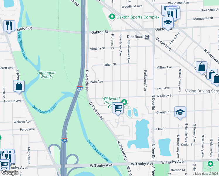 map of restaurants, bars, coffee shops, grocery stores, and more near 611 Florence Drive in Park Ridge