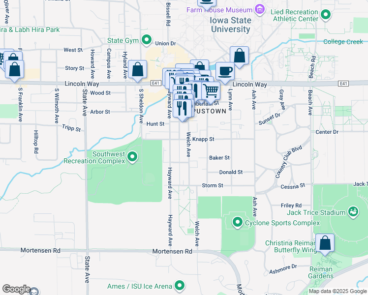 map of restaurants, bars, coffee shops, grocery stores, and more near 2521 Little Street in Ames
