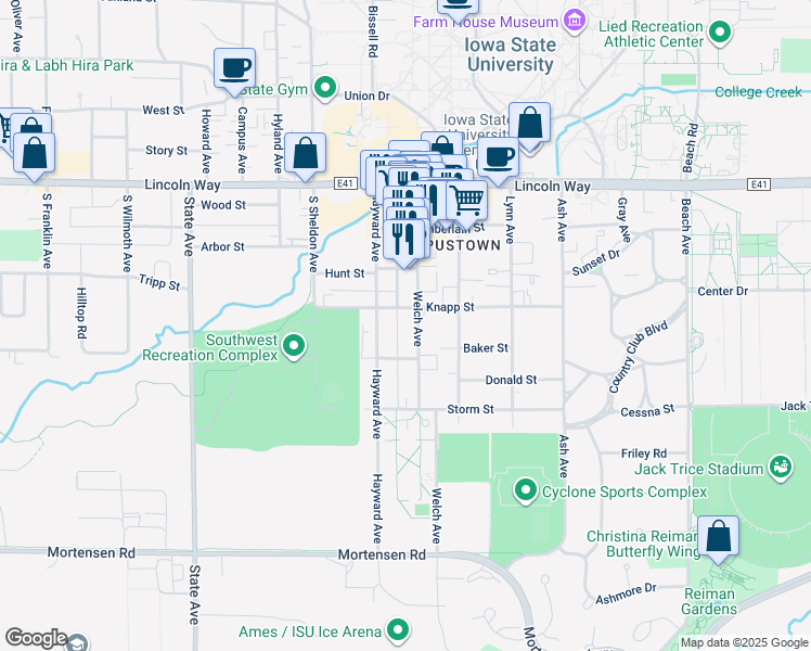 map of restaurants, bars, coffee shops, grocery stores, and more near 2521 Little Street in Ames
