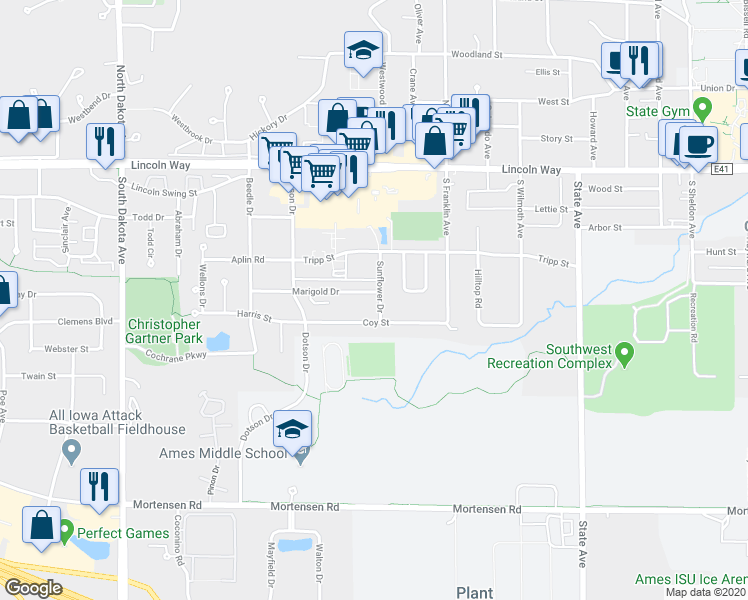 map of restaurants, bars, coffee shops, grocery stores, and more near 430 Sunflower Drive in Ames