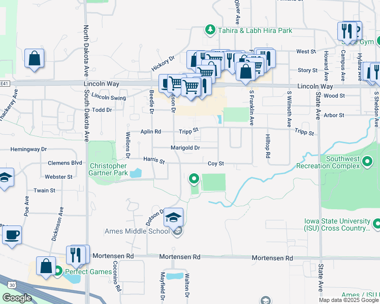 map of restaurants, bars, coffee shops, grocery stores, and more near 3823 Coy Street in Ames