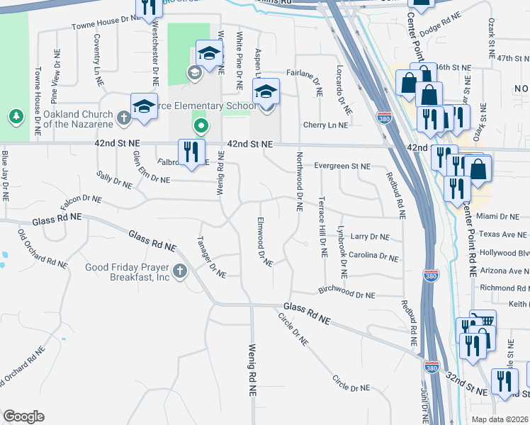 map of restaurants, bars, coffee shops, grocery stores, and more near 3752 Elmwood Drive Northeast in Cedar Rapids