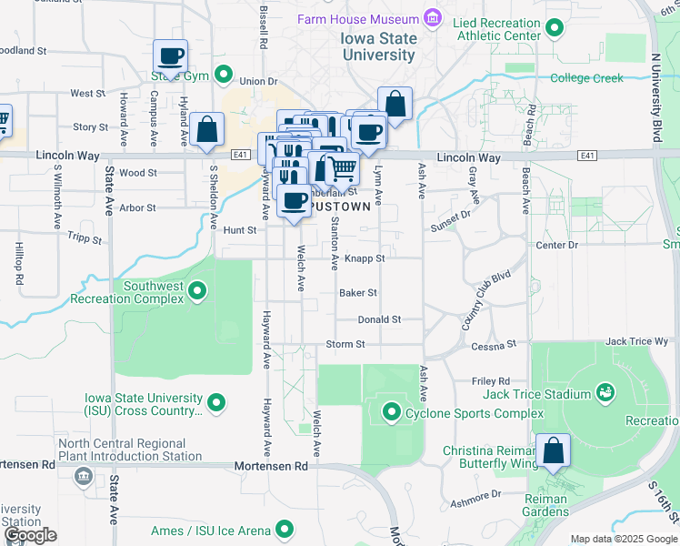 map of restaurants, bars, coffee shops, grocery stores, and more near 412 Stanton Avenue in Ames