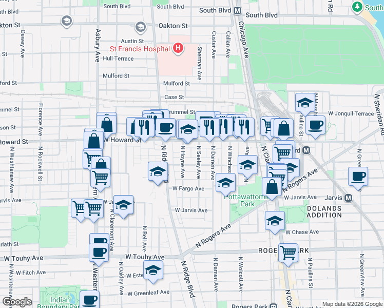 map of restaurants, bars, coffee shops, grocery stores, and more near 2050 West Birchwood Avenue in Chicago