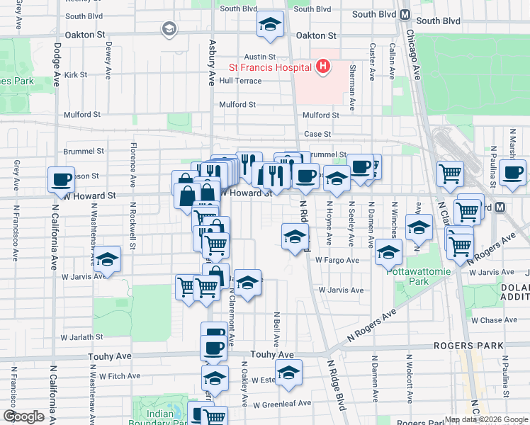 map of restaurants, bars, coffee shops, grocery stores, and more near 7514 North Bell Avenue in Chicago