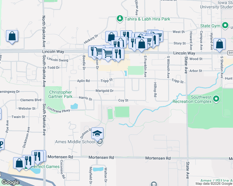 map of restaurants, bars, coffee shops, grocery stores, and more near 3727 Coy Street in Ames