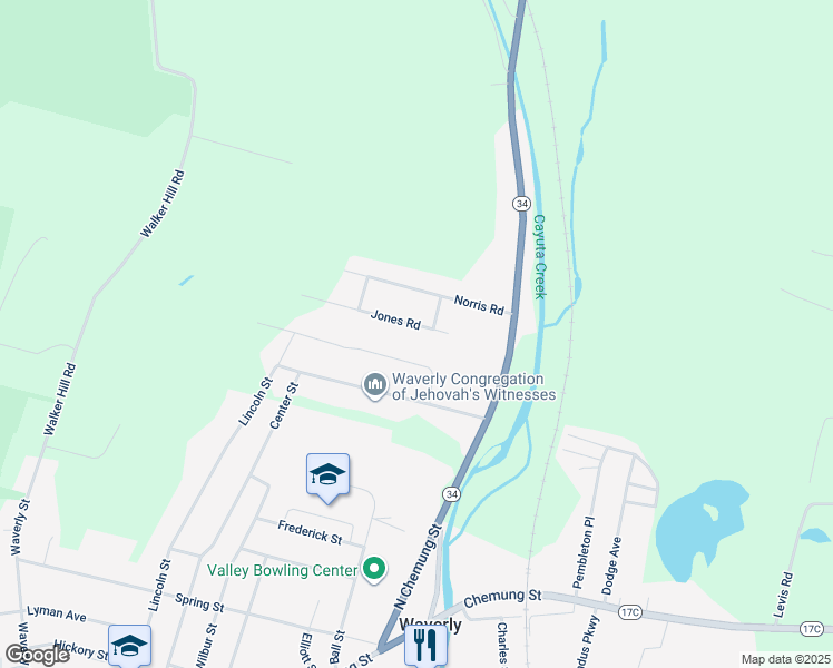 map of restaurants, bars, coffee shops, grocery stores, and more near 308 Jones Road in Waverly