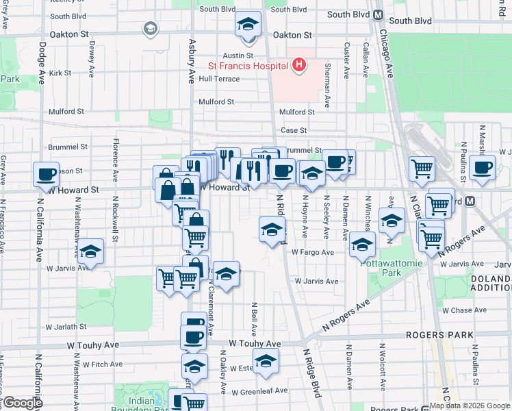 map of restaurants, bars, coffee shops, grocery stores, and more near 7508 North Ridge Boulevard in Chicago