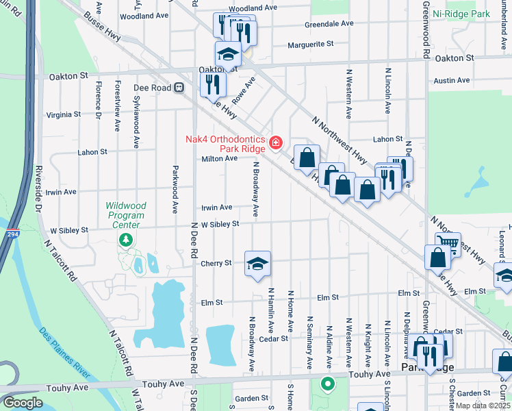 map of restaurants, bars, coffee shops, grocery stores, and more near 1324 Irwin Avenue in Park Ridge