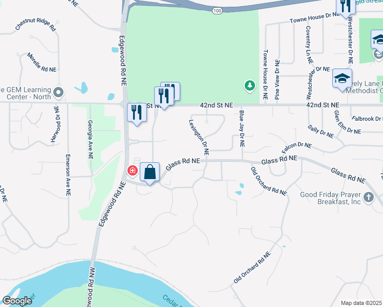map of restaurants, bars, coffee shops, grocery stores, and more near 3866 Belden Court Northeast in Cedar Rapids