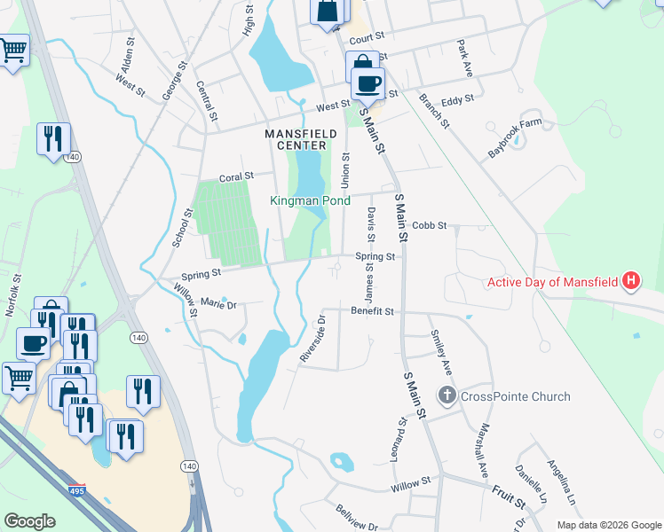 map of restaurants, bars, coffee shops, grocery stores, and more near 45 James Street in Mansfield