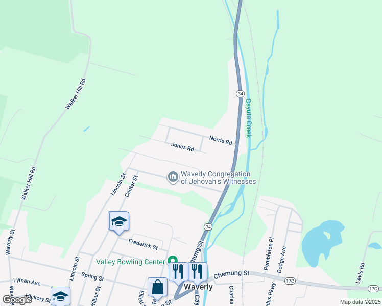map of restaurants, bars, coffee shops, grocery stores, and more near 308 Jones Rd in Waverly