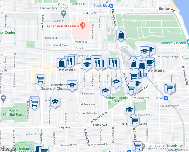 map of restaurants, bars, coffee shops, grocery stores, and more near 2012 West Birchwood Avenue in Chicago