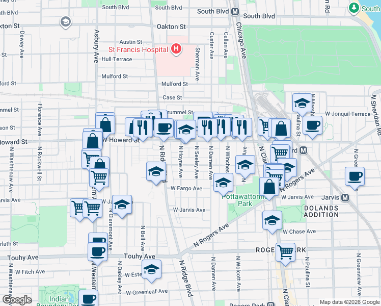 map of restaurants, bars, coffee shops, grocery stores, and more near 2050 West Birchwood Avenue in Chicago