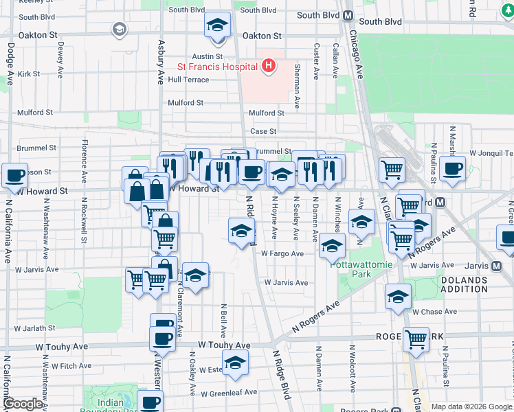 map of restaurants, bars, coffee shops, grocery stores, and more near 7501 North Ridge Boulevard in Chicago