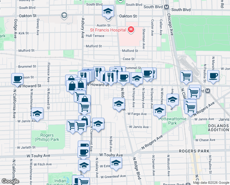 map of restaurants, bars, coffee shops, grocery stores, and more near 7506 North Ridge Boulevard in Chicago