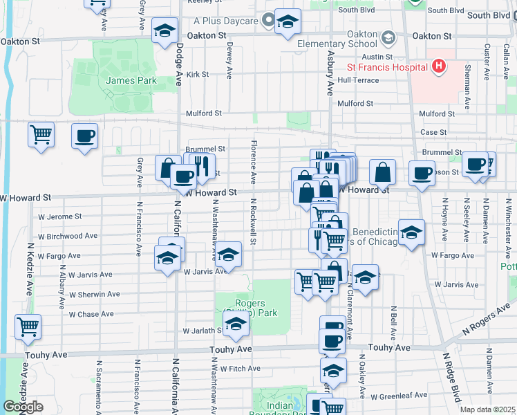 map of restaurants, bars, coffee shops, grocery stores, and more near 2544 West Birchwood Avenue in Chicago