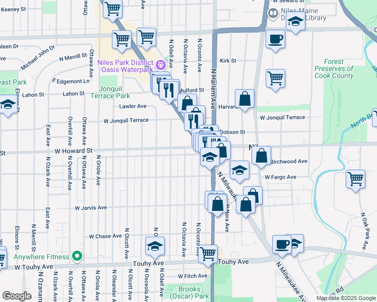 map of restaurants, bars, coffee shops, grocery stores, and more near 7531 North Octavia Avenue in Chicago