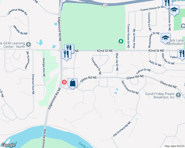 map of restaurants, bars, coffee shops, grocery stores, and more near 3866 Belden Court Northeast in Cedar Rapids