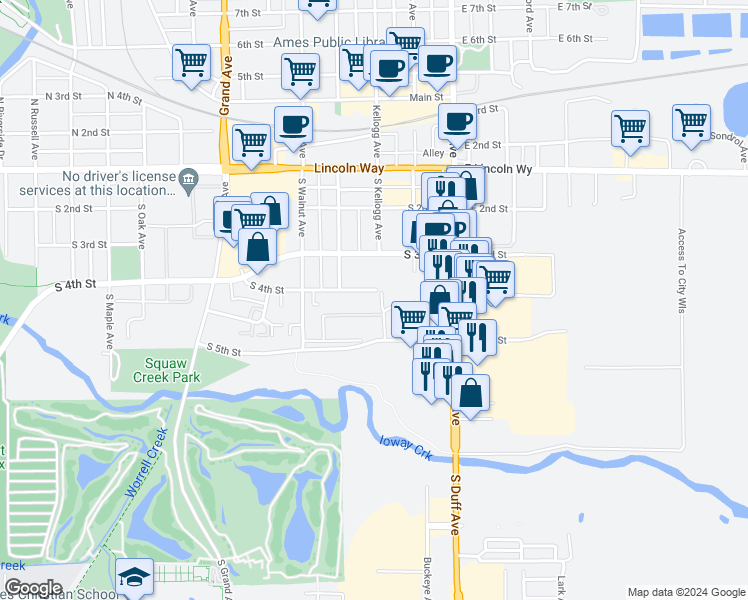 map of restaurants, bars, coffee shops, grocery stores, and more near 213 South 5th Street in Ames