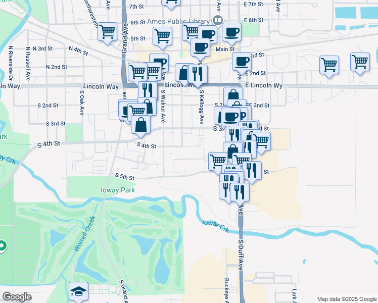 map of restaurants, bars, coffee shops, grocery stores, and more near 321 South 5th Street in Ames