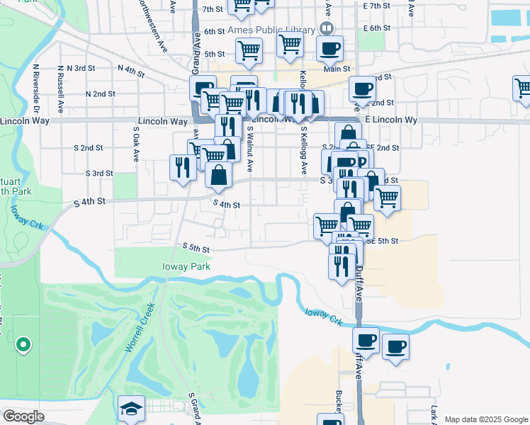 map of restaurants, bars, coffee shops, grocery stores, and more near in Ames