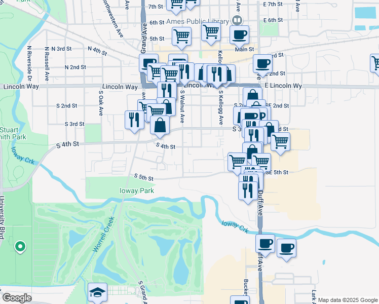 map of restaurants, bars, coffee shops, grocery stores, and more near in Ames