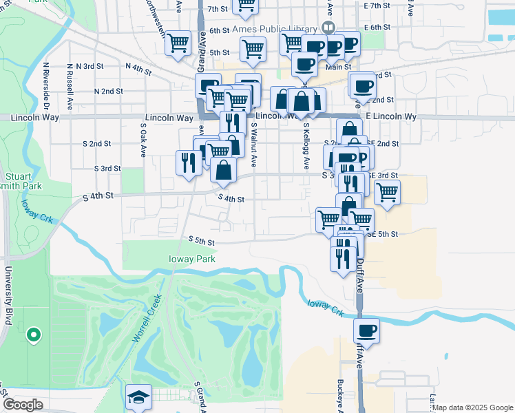 map of restaurants, bars, coffee shops, grocery stores, and more near in Ames