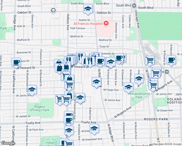 map of restaurants, bars, coffee shops, grocery stores, and more near 7508 North Ridge Boulevard in Chicago