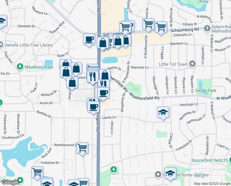 map of restaurants, bars, coffee shops, grocery stores, and more near 2524 Lawn Court in Schaumburg