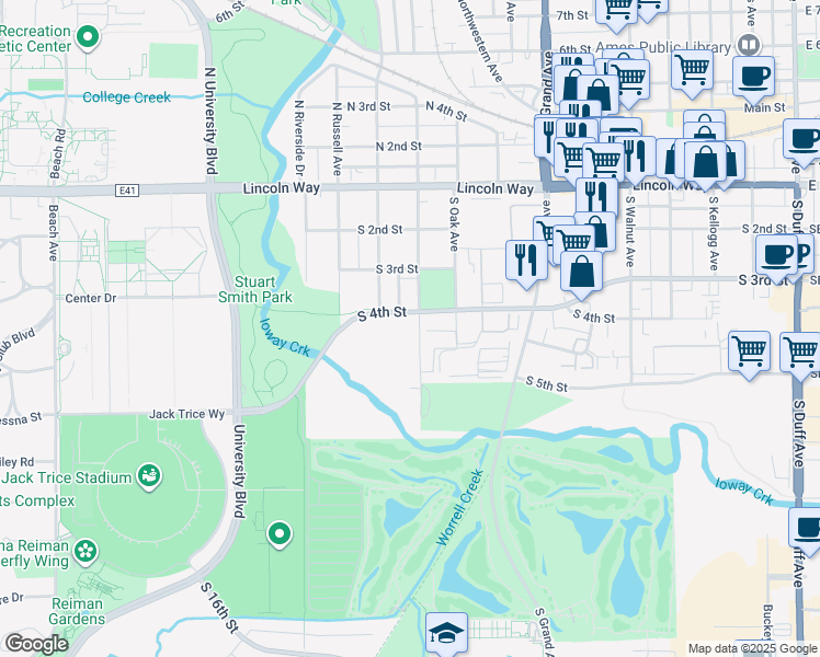 map of restaurants, bars, coffee shops, grocery stores, and more near 1108 South 4th Street in Ames