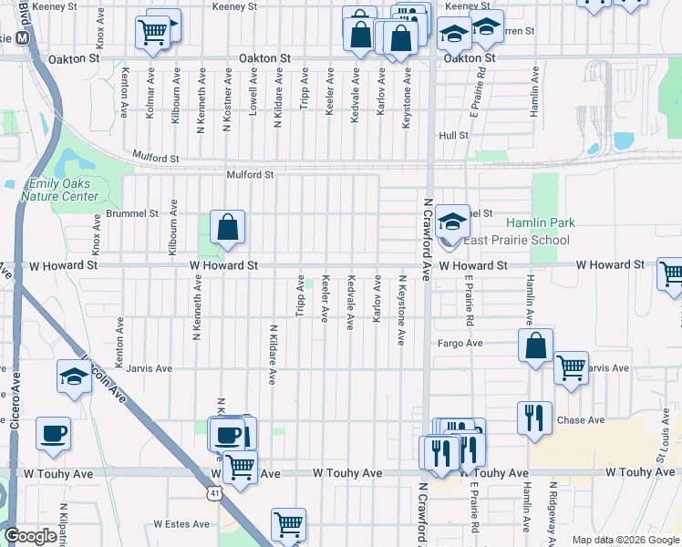 map of restaurants, bars, coffee shops, grocery stores, and more near 7527 Kedvale Avenue in Skokie