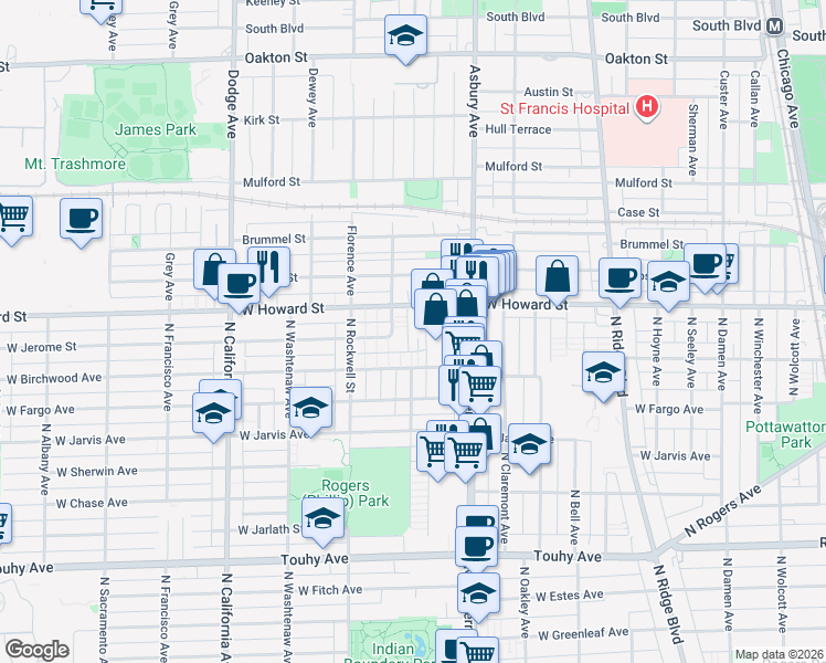 map of restaurants, bars, coffee shops, grocery stores, and more near 2451 West Howard Street in Chicago