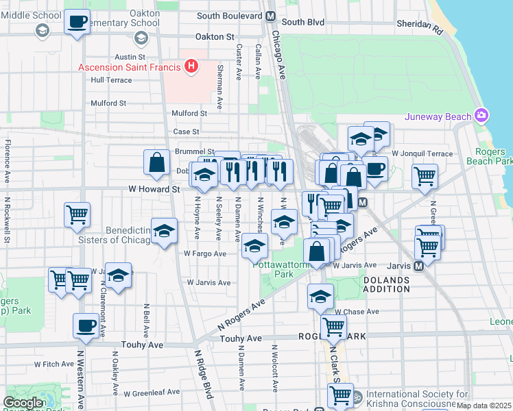 map of restaurants, bars, coffee shops, grocery stores, and more near 1948 West Birchwood Avenue in Chicago
