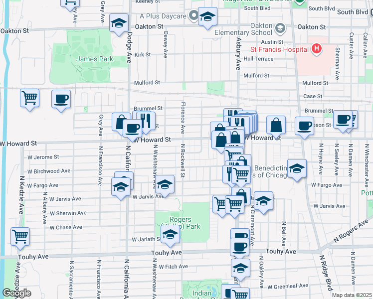 map of restaurants, bars, coffee shops, grocery stores, and more near 2544 West Birchwood Avenue in Chicago