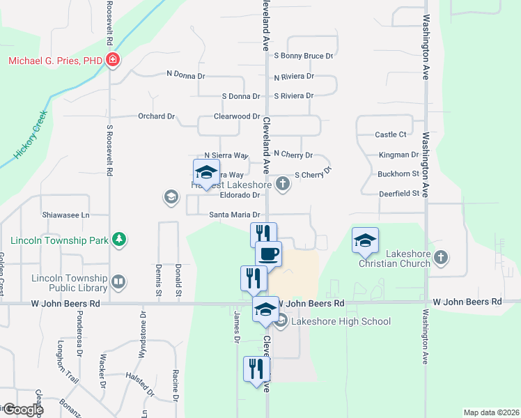 map of restaurants, bars, coffee shops, grocery stores, and more near 1747 Eldorado Drive in Stevensville