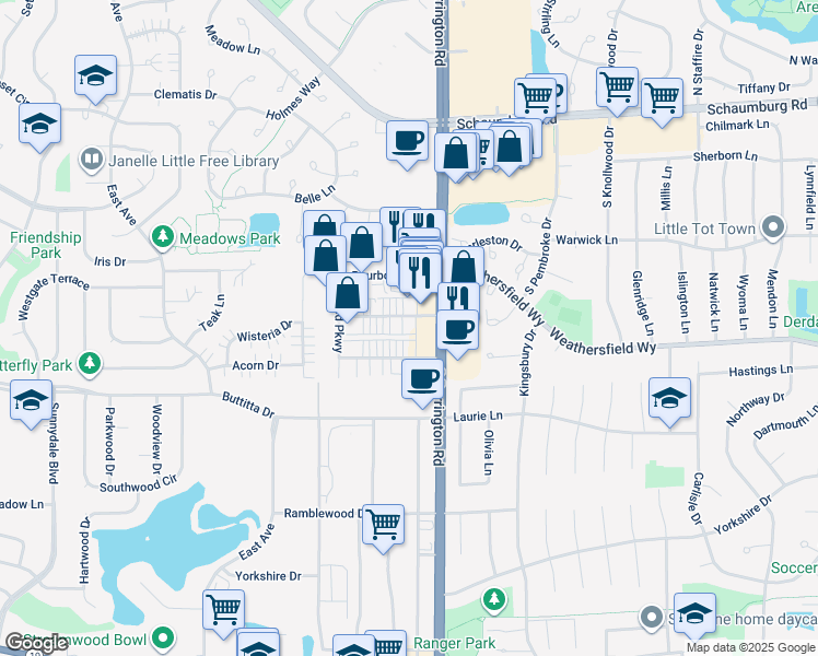 map of restaurants, bars, coffee shops, grocery stores, and more near 1550 Burgundy Parkway in Streamwood