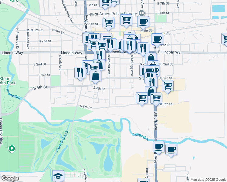 map of restaurants, bars, coffee shops, grocery stores, and more near 316 South Walnut Avenue in Ames