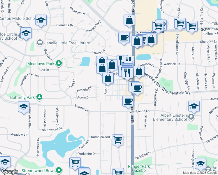 map of restaurants, bars, coffee shops, grocery stores, and more near 1534 Burgundy Parkway in Streamwood